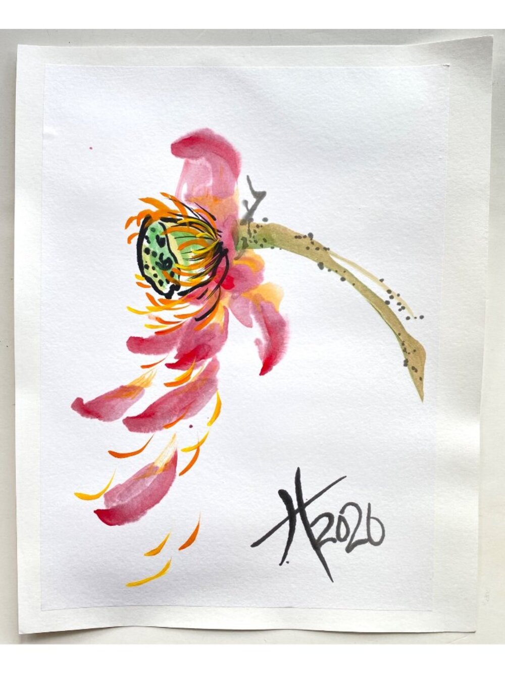 Waning Lotus Original Art Asian Style Watercolor Floral Painting on Paper